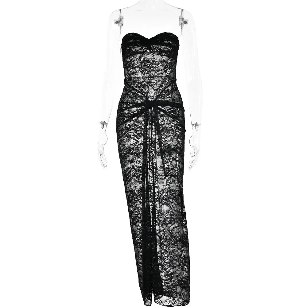 Women's Strapless Backless Sexy Dress Lace Hollow Out Mesh Dress Ruched Off Shoulder Maxi See Through Summer  Dress