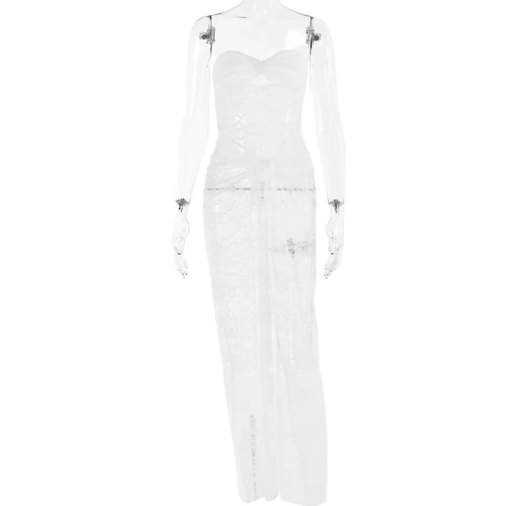 Women's Strapless Backless Sexy Dress Lace Hollow Out Mesh Dress Ruched Off Shoulder Maxi See Through Summer  Dress