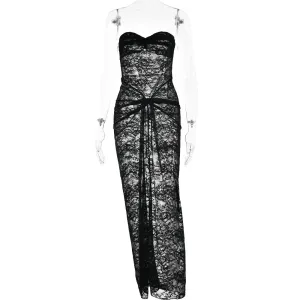 Women's Strapless Backless Sexy Dress Lace Hollow Out Mesh Dress Ruched Off Shoulder Maxi See Through Summer  Dress
