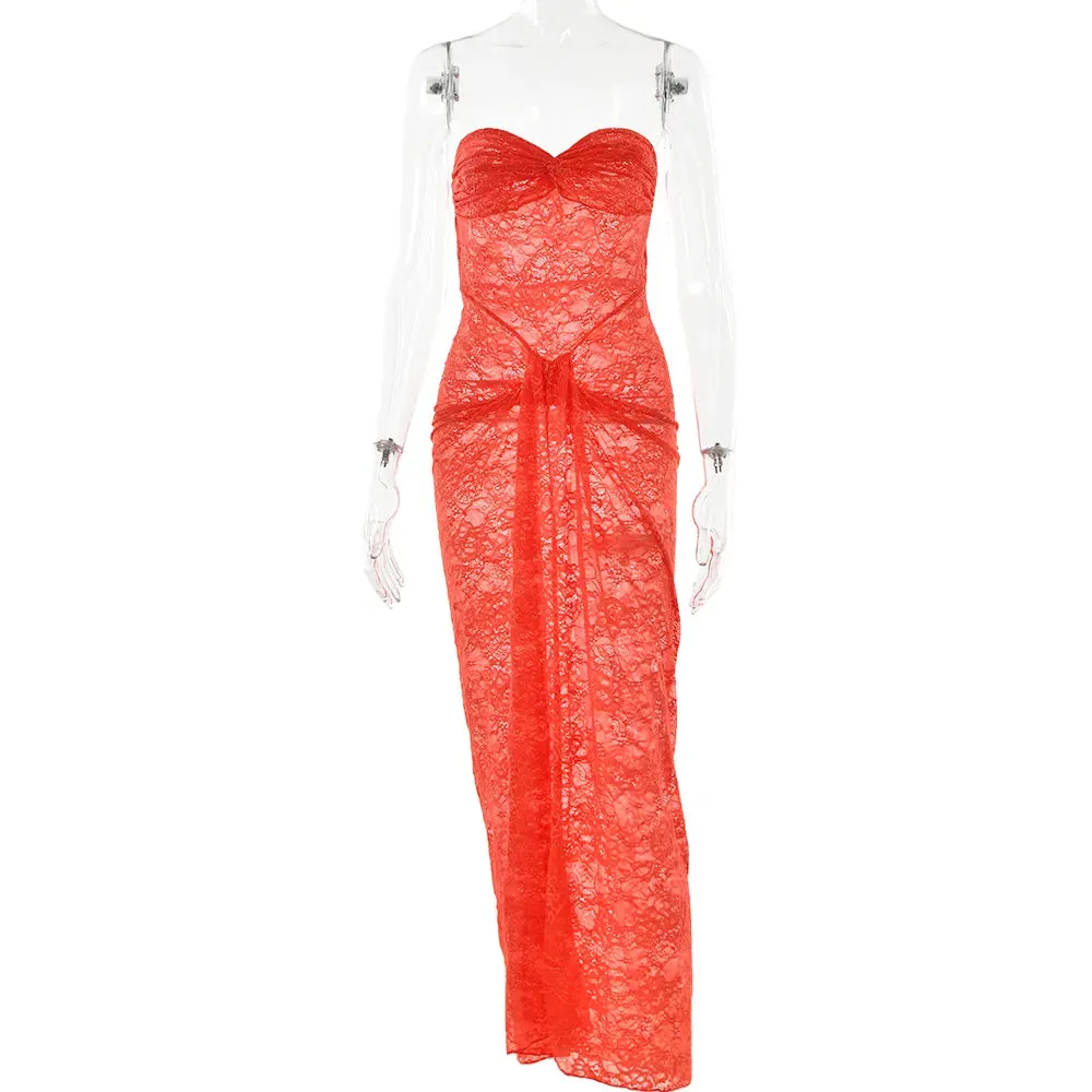 Women's Strapless Backless Sexy Dress Lace Hollow Out Mesh Dress Ruched Off Shoulder Maxi See Through Summer  Dress