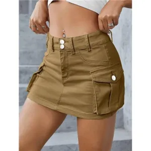 Y2K Khaki Tan Cargo Denim Mini Skirt Low Waist‎ Extra Short Bodycon Skirt