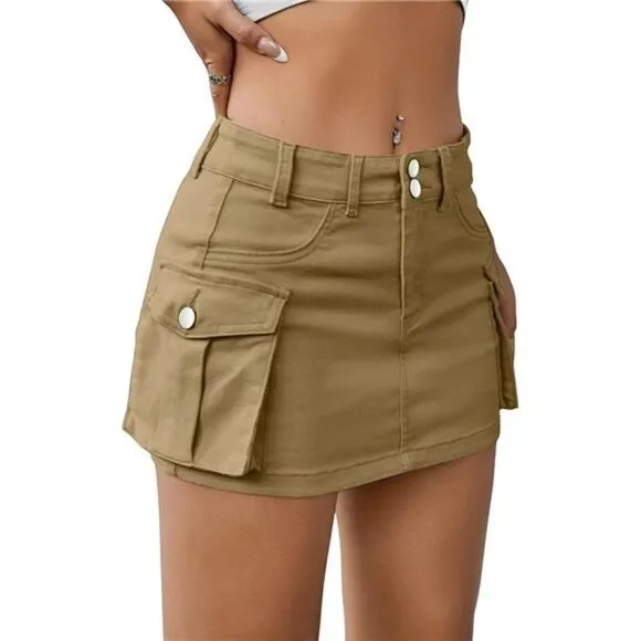 Y2K Khaki Tan Cargo Denim Mini Skirt Low Waist‎ Extra Short Bodycon Skirt