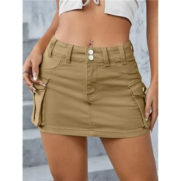 Y2K Khaki Tan Cargo Denim Mini Skirt Low Waist‎ Extra Short Bodycon Skirt